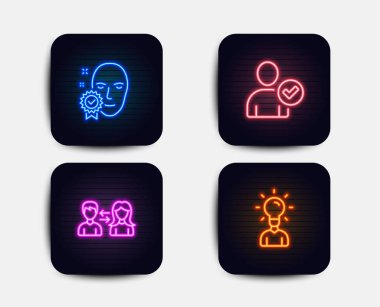 Neon glow ışıkları. Yüz kümesi, kimlik doğrulandı ve iletişim simgeler insanlar doğrulandı. Eğitim işareti. Erişim izni Verilsin'i, doğrulanmış, kişi konuşan insanlar. Fikir insan. Neon simgeler. Vektör