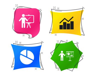 Diyagram grafik pasta grafiği simgesi. Sunu billboard sembolü. İşaretçi işaret ile ayakta adam. Geometrik renkli Etiketler. Afiş ile düz kutsal kişilerin resmi. Modaya uygun bir tasarım. Vektör