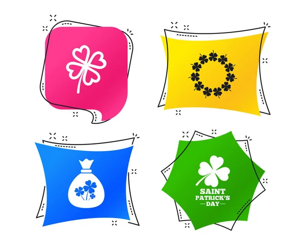 圣帕特里克节图标 带三叶草标志的钱袋 Quatrefoil 草的花圈 吉祥的象征 几何彩色标签 横幅与平面图标 时髦的设计 — 图库矢量图片