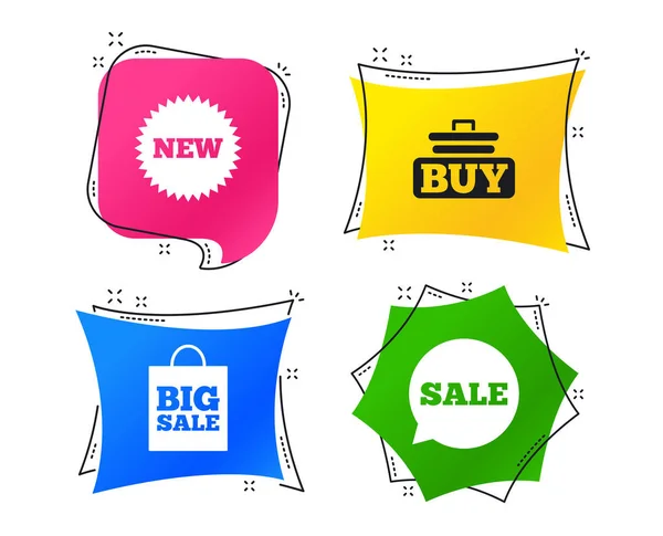 销售语音气泡图标 购买购物车符号 新的星圈标志 大减价购物袋 几何彩色标签 横幅与平面图标 时髦的设计 — 图库矢量图片