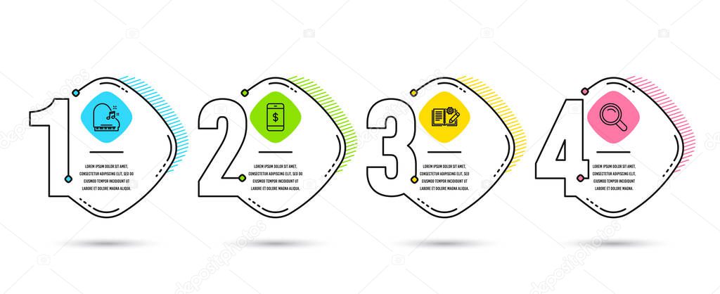 Infographic template 4 options or steps. Set of Engineering documentation, Piano and Smartphone payment icons. Search sign. Manual, Fortepiano, Mobile pay. Magnifying glass. Vector