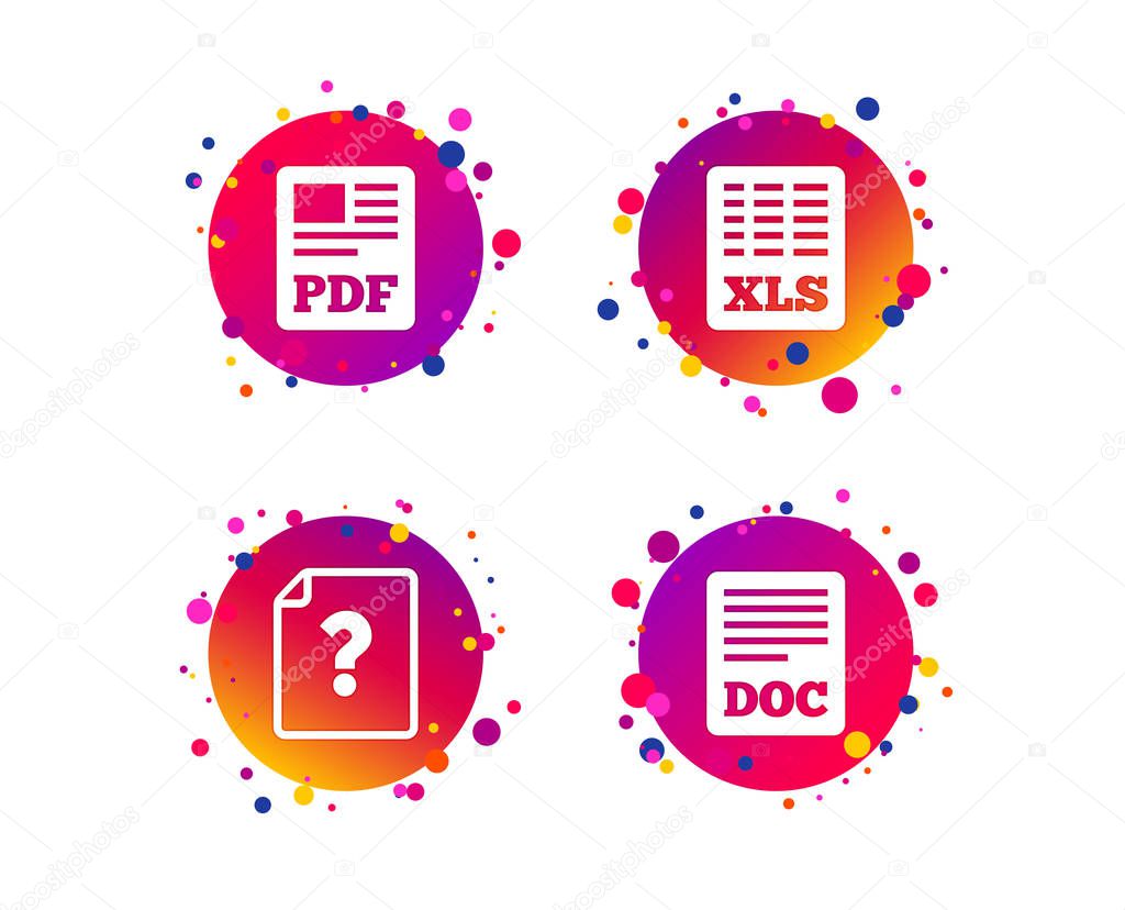 File document and question icons. XLS, PDF and DOC file symbols. Download or save doc signs. Gradient circle buttons with icons. Random dots design. Vector