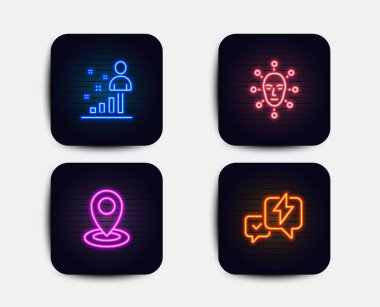Neon glow ışıkları. İstatistikler, yüz Biyometri ve konumu simgeler kümesi. Yıldırım cıvata işareti. İş Analizi, yüz tanıma, harita işaretçi. Haberci. Neon simgeler. Parlayan ışık afiş. Vektör