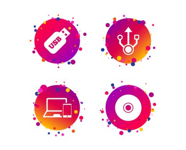 USB birden parlamak götürmek kutsal kişilerin resmi. Defter ya da Laptop pc sembol. Smartphone aygıt. CD veya Dvd işareti. CD. Degrade daire düğmeleri ile kutsal kişilerin resmi. Rastgele noktalar teması. Vektör
