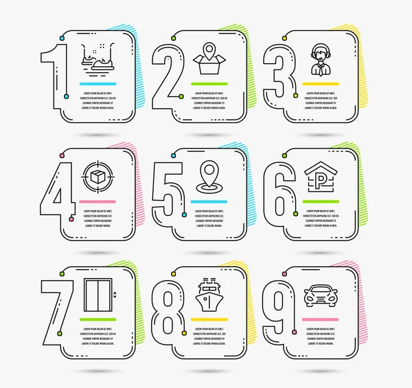 Modelo Infográfico Com Números Opções Conjunto Ícones Rastreamento Pacotes Estacionamento — Vetor de Stock