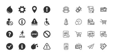 İlgi, bilgi ve dikkat simgeler kümesi. Soru işareti, uyarı ve belirtileri durdurmak. Yaralanma, özürlü ve kene simgeler. Kağıt Uçak, rapor ve alışveriş sepeti simgeleri. Bir grup insan. Vektör