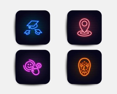 Neon glow ışıkları. Atmak şapkalar, müşteri memnuniyeti ve konumu simgeler kümesi. Yüz Biyometri işareti. Kolej mezuniyet, mutlu gülümseme, harita işaretçi. Yüz tanıma. Neon simgeler. Vektör