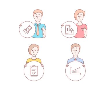 İnsanlar çizilmiş stil ver. Özel ödeme, hızlı ödeme ve denetim listesi simgeler kümesi. Grafik işareti. Finans, finans transferi, anket güvenli. Sunuyu grafik. Karakter daire düğmesini basılı tutun. Vektör