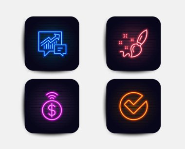 Neon glow ışıkları. Set boya fırça, muhasebe ve Contactless ödeme simgeler. Oturum doğrulayın. Yaratıcılık, arz ve talep, mali ödeme. Seçili seçenek. Neon simgeler. Parlayan ışık afiş