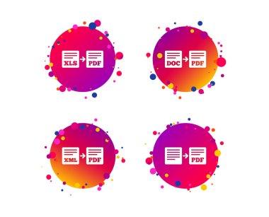 Dosya simgeleri dışa aktarın. Doc Pdf, Pdf sembolleri XML'ye dönüştürmek. Xls PDF ok işareti ile. Degrade daire düğmeleri ile kutsal kişilerin resmi. Rastgele noktalar teması. Vektör