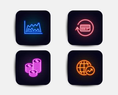 Neon glow ışıkları. Geri ödeme Komisyonu ayarla, sikke ve ticaret simgeleri grafik. Dünya istatistikleri oturum açın. Cashback kart, nakit para, piyasa verileri. Küresel raporu. Neon simgeler. Parlayan ışık afiş. Vektör