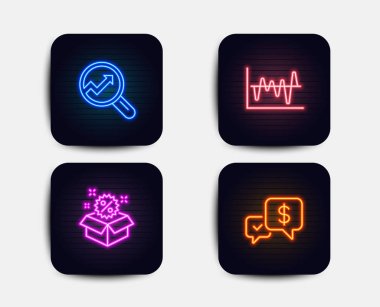Neon glow ışıkları. Analytics, hisse senedi Analizi ve satış simgeler kümesi. Ödeme işareti aldı. Analizi, iş ticaret, indirim denetleyin. Para. Neon simgeler. Parlayan ışık afiş. Vektör