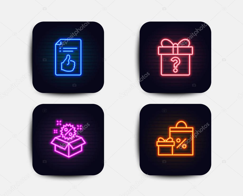 Neon glow lights. Set of Secret gift, Sale and Approved document icons. Shopping sign. Unknown package, Discount, Like symbol. Gifts and sales.  Neon icons. Glowing light banners. Vector