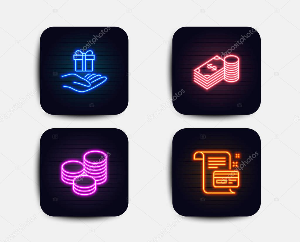 Neon glow lights. Set of Savings, Tips and Loyalty program icons. Payment card sign. Finance currency, Cash coins, Gift. Agreement conditions.  Neon icons. Glowing light banners. Vector