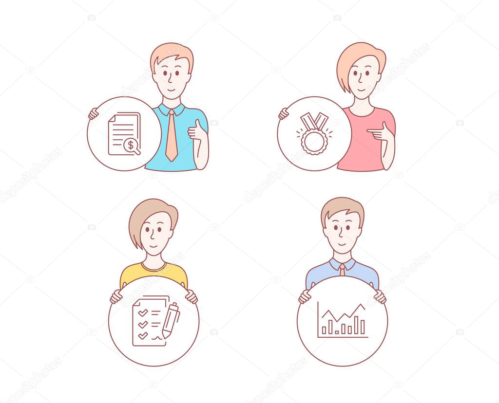 People hand drawn style. Set of Honor, Survey checklist and Financial documents icons. Infochart sign. Medal, Report, Check docs. Stock exchange.  Character hold circle button. Man with like hand
