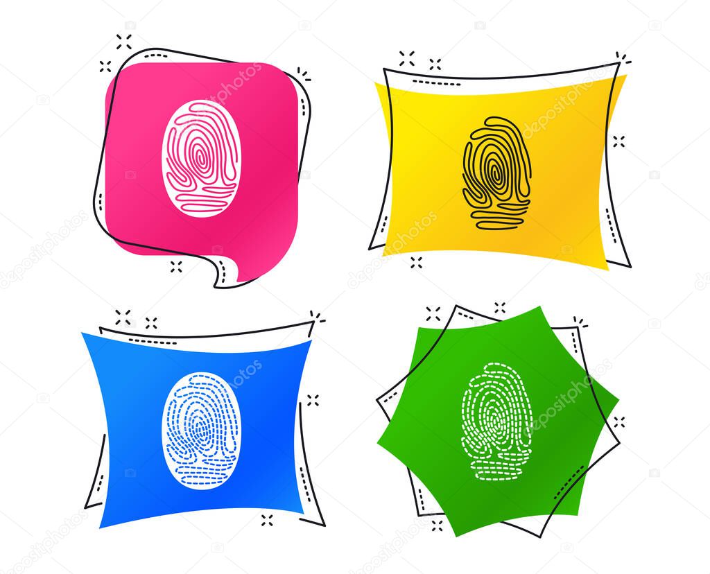 Fingerprint icons. Identification or authentication symbols. Biometric human dabs signs. Geometric colorful tags. Banners with flat icons. Trendy design. Vector