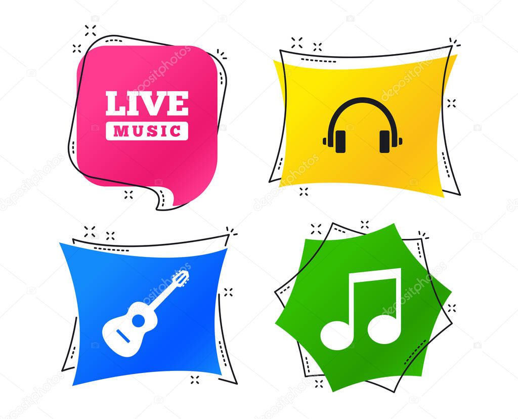 Musical elements icons. Musical note key and Live music symbols. Headphones and acoustic guitar signs. Geometric colorful tags. Banners with flat icons. Trendy design. Vector