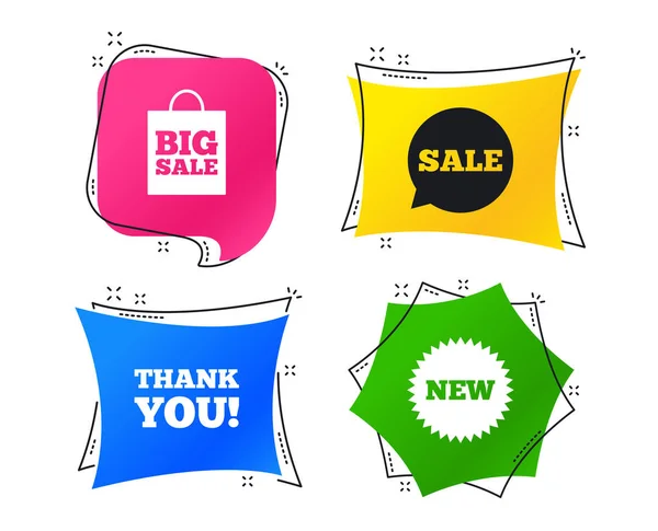 销售语音气泡图标 谢谢你的象征 新的星形圆圈符号 大减价购物袋 几何色彩鲜艳的标签 带有平面图标的横幅 时尚的设计 — 图库矢量图片