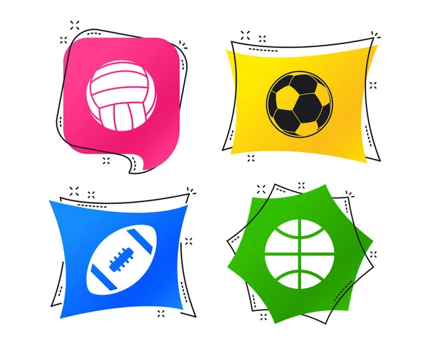 Sport balls icons. Volleyball, Basketball, Soccer and American football signs. Team sport games. Geometric colorful tags. Banners with flat icons. Trendy design. Vector