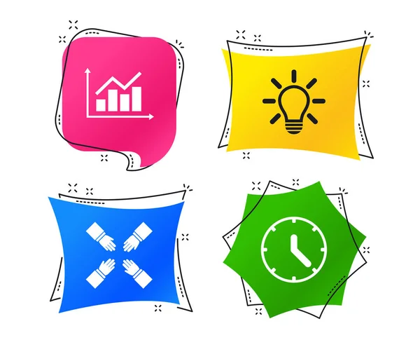 Lampenidee Und Uhrzeit Symbole Diagrammdiagramm Zeichen Teamwork Symbol Geometrische Bunte — Stockvektor