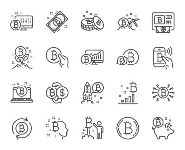 Cryptocurrency satır simgeler. Blockchain, kripto ICO başlamak yukarıya ve Bitcoin doğrusal simgeler kümesi. Araştırma, Cryptocurrency Döviz ve altın kazma simgeler. Bitcoin Atm, kripto sikke ve pazarlar. Vektör