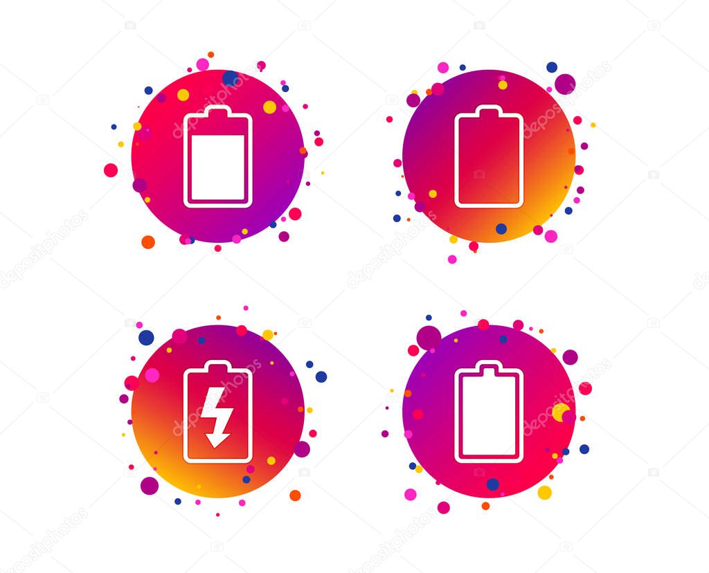 Battery charging icons. Electricity signs symbols. Charge levels: full, empty. Gradient circle buttons with icons. Random dots design. Vector