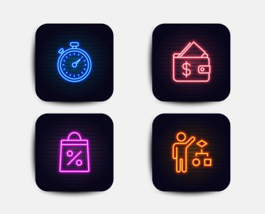 Neon glow ışıkları. M-cüzdan, alışveriş çantası ve Zamanlayıcı simgeler kümesi. Algoritma işareti. Uygun fiyatta, süpermarket indirim, kronometre gadget. Geliştiriciler iş. Neon simgeler. Parlayan ışık afiş. Vektör