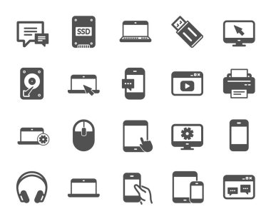 Mobil cihazlar simgeler. Dizüstü bilgisayar, Tablet Pc ve Smartphone işaretleri kümesi. HDD, Ssd ve birden parlamak götürmek. Kulaklıklar, yazıcı aygıtlarını ve fare simgeler. Sohbet konuşma balonları. Kalite tasarım öğesi. Klasik stili