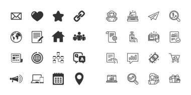 İletişim, konferans ve bilgi simgeler kümesi. E-posta, yazıcı ve Internet işaretler. Destek ve telefon görüşmesi sembolleri. Uçak, bilgi rapor ve alışveriş sepeti simgeleri. Grup. Vektör