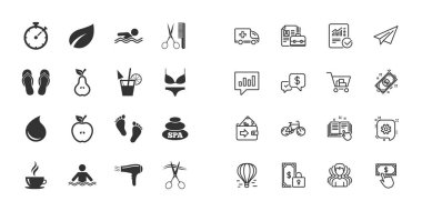 Yüzme Havuzu, Spa ve kuaförlük simgeler kümesi. Kahve, kokteyl ve Apple işaretler. Su damlası, makas ve saç kurutma makinesi sembolleri. Kağıt Uçak, rapor ve alışveriş sepeti simgeleri. Bir grup insan. Vektör