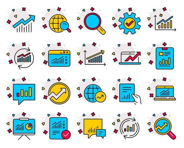 Liste Contrôle Analyse Icônes Ligne Statistiques Jeu Graphiques Rapports Signes — Image vectorielle