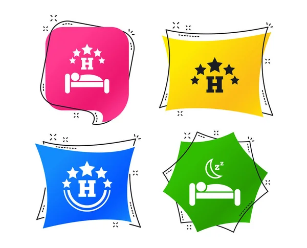 Pět Hvězdiček Hotel Ikony Cestovní Symboly Místo Odpočinku Lidský Spánek — Stockový vektor