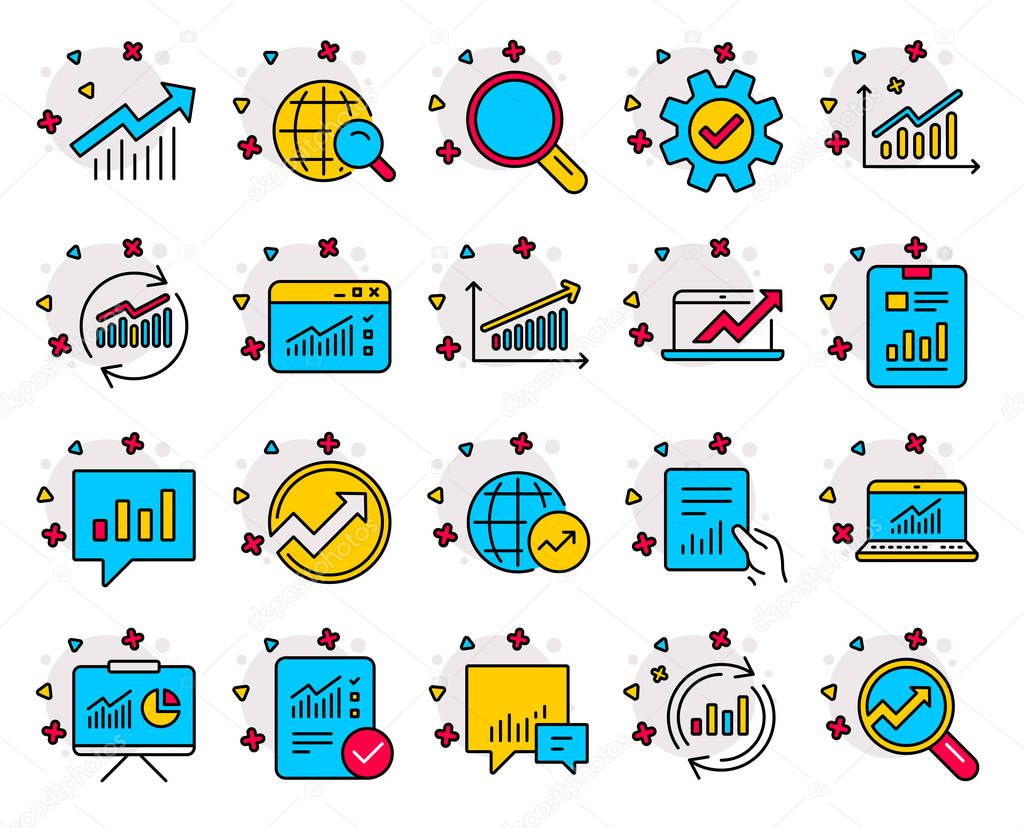 Analysis checklist, Statistics line icons. Set of Charts, Reports and Graphs signs. Data, Presentation charts and Communication. Global Statistics, analytics document and Checklist icon. Vector graphs