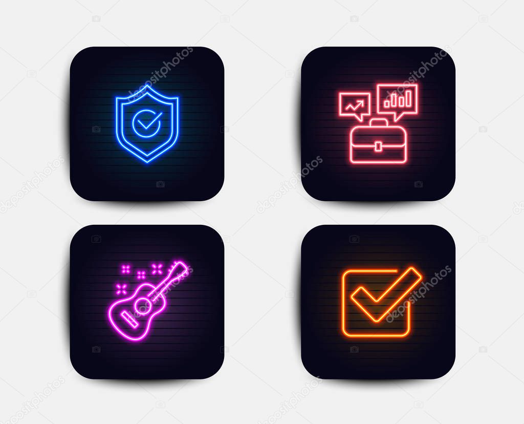 Neon glow lights. Set of Business portfolio, Approved shield and Guitar icons. Checkbox sign. Job interview, Protection, Acoustic instrument. Approved tick.  Neon icons. Glowing light banners. Vector