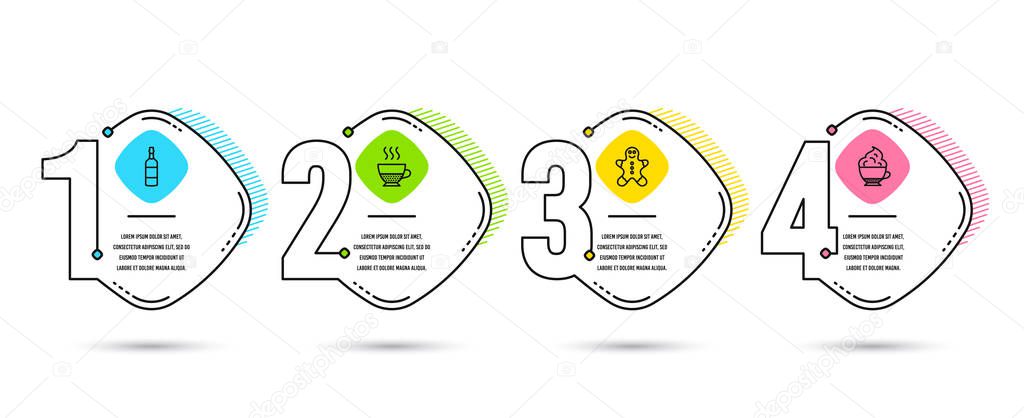 Infographic template 4 options or steps. Set of Gingerbread man, Brandy bottle and Doppio icons. Cappuccino cream sign. Christmas cookie, Whiskey, Coffee drink. Coffee with whipped cream. Vector