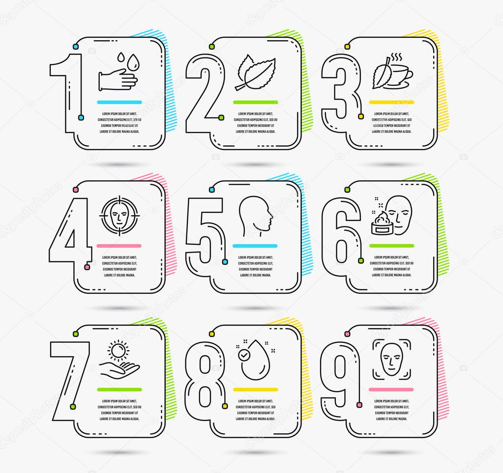 Infographic template with numbers 9 options. Set of Face detect, Mint leaves and Head icons. Sun protection, Vitamin e and Face cream signs. Mint tea, Rubber gloves symbols. Vector