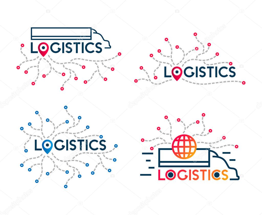 Logistics icons. Company business logo. Truck delivery symbol. Logistics transportation service. International cargo company logo. Vector icons