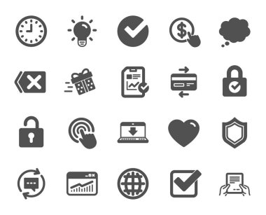 Rapor, zaman ve dünya simgeler. İstatistikler, konuşma balonu ve ampul işaretler. Kredi kartı, Download rapor ve kilit kutsal kişilerin resmi. Hediye teslimat, kontrol ve koruma kalkanı. Kalite tasarım öğesi. Vektör