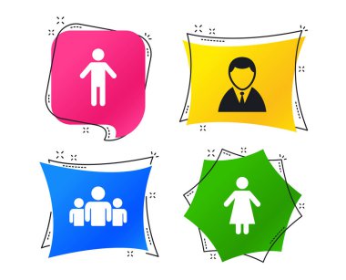 İşadamı kişi simgesi. Grup insanların sembolü. Erkek ve kadın işaretler. Geometrik renkli Etiketler. Afiş ile düz kutsal kişilerin resmi. Modaya uygun bir tasarım. Vektör