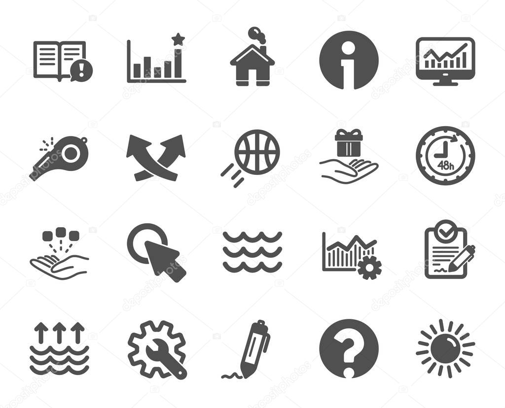 Whistle, Waves and Sun icons. Customisation, Global warming and Question mark signs. Signature Rfp, Information and Efficacy icons. Waves, Consolidation and Operational excellence. Vector