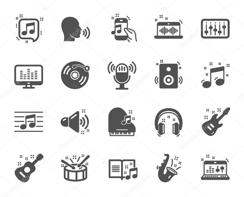 Music icons. Set of Acoustic guitar, Musical note and Vinyl record. Jazz saxophone, Drums with drumsticks and DJ controller icons. Sound check and Jazz, Music making and Electric guitar signs. Vector