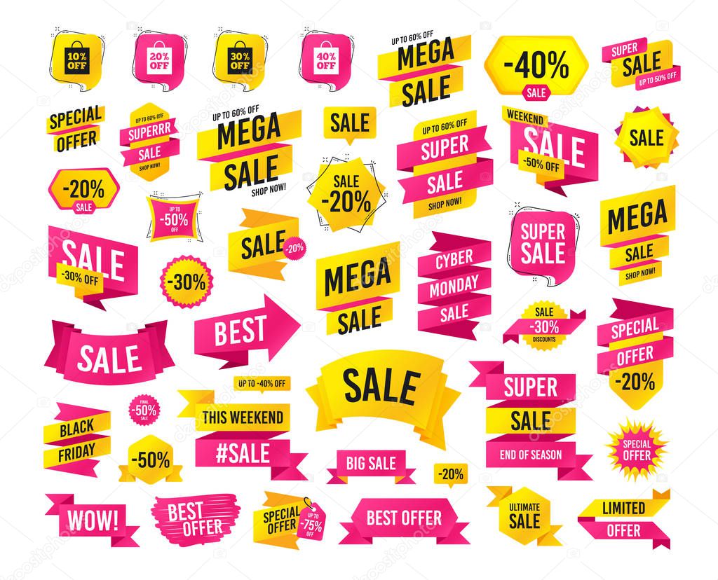Sales banner. Super mega discounts. Sale bag tag icons. Discount special offer symbols. 10%, 20%, 30% and 40% percent off signs. Black friday. Cyber monday. Sale vector