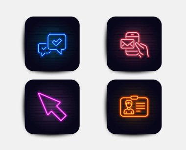 Neon glow ışıkları. Ayarla Messenger posta onaylama ve fare imleç simgeler. Kimlik kartı işareti. Yeni e-posta, kabul edilen mesaj, tıkırtı ok. Kişi belge. Neon simgeler. Parlayan ışık afiş