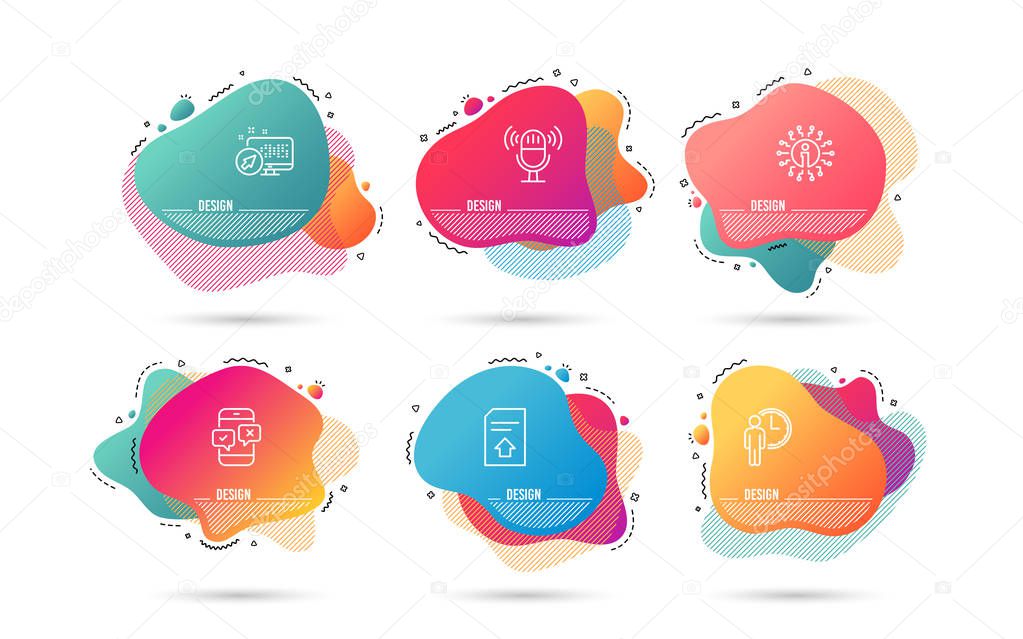 Dynamic liquid shapes. Set of Waiting, Microphone and Phone survey icons. Upload file sign. Service time, Mic, Mobile quiz test. Load document.  Gradient banners. Fluid abstract shapes. Vector