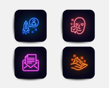 Neon düğmeleri. Posta yazışmaları ayarla, başlangıç ve yüz simgeleri kabul edildi. Cilt Bakımı işareti. E-posta bülteni, geliştirici, giriş onaylandı. El kremi. Neon simgeler. Parlayan ışık afiş. Başlangıç vektör