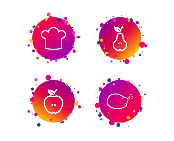 食品アイコン リーフのシンボルとリンゴと梨の果物 鶏鶏鳥肉記号 シェフの帽子のアイコン グラデーションの円のアイコン ボタン ランダムなドットのデザイン ベクトル — ストックベクタ