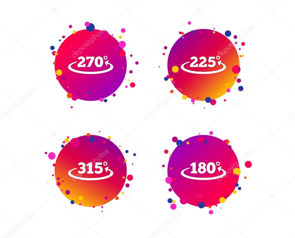 Angle 180-315 degrees icons. Geometry math signs symbols. Full complete rotation arrow. Gradient circle buttons with icons. Random dots design. Vector