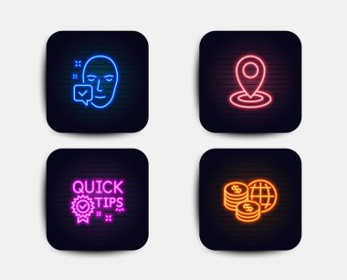 Neon glow ışıkları. Konumu, hızlı ipuçları ve kabul yüz simgeler kümesi. Dünya para işareti. Harita işaretçi, faydalı hileler, giriş onaylandı. Global piyasalar. Neon simgeler. Parlayan ışık afiş. Vektör