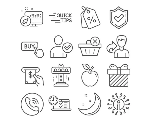 Conjunto Iconos Identidad Confirmada Botón Comprar Etiquetas Descuento Educación Pruebas — Vector de stock