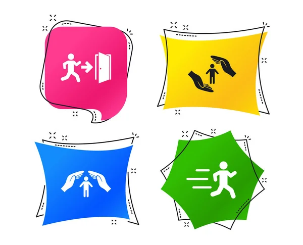 Life Insurance Hands Protection Icon Human Running Symbol Emergency Exit — Stock Vector